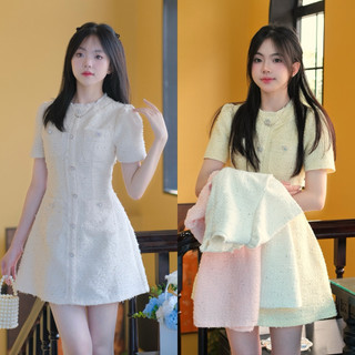  V02 Váy dạ tweed be cao cấp 2 lớp tay voan tơ mềm hàn quốc dịu dàng đầm dạ hội 