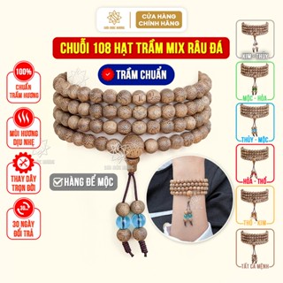  Vòng tay trầm hương chuỗi 108 hạt Sơn Mộc Hương mix râu đá màu phong thủy mệnh kim mộc thủy hỏa thổ 