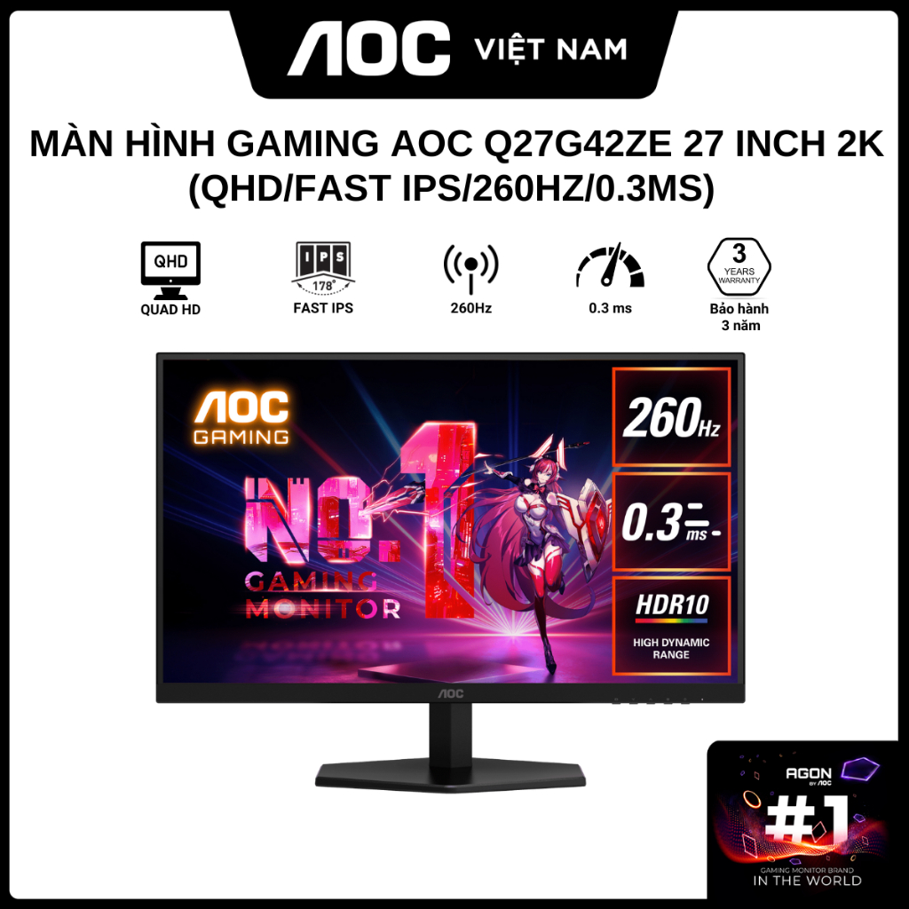 Màn Hình Gaming AOC Q27G42ZE 27 inch 2K (QHD/Fast ips/260hz/0.3ms) - Hàng Chính Hãng