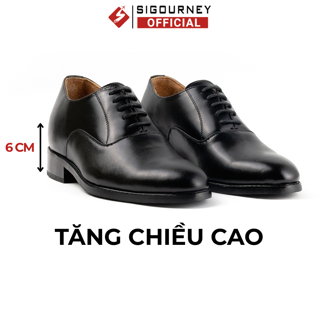 Giày ĐẾ PHÍP Tăng Cao 6cm Dáng Oxford Cao Cấp SIGOURNEY Da Bò Màu Đen Trơn SCC-08 Bảo Hành 18 Tháng
