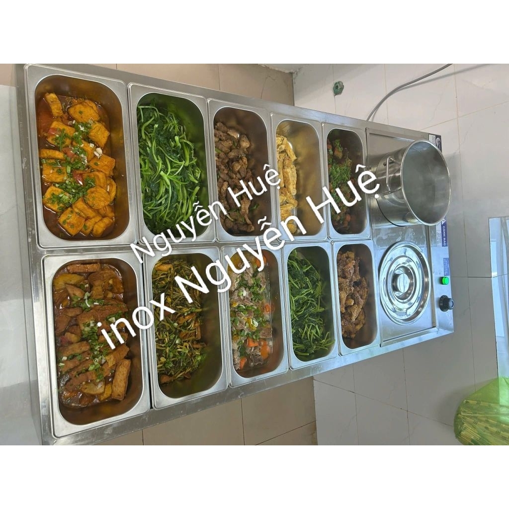 tủ giữ nóng, hâm nóng thức ăn đặt bàn inox 304 gồm 10 khay 3.5 lít và 2 nồi canh 12 lít