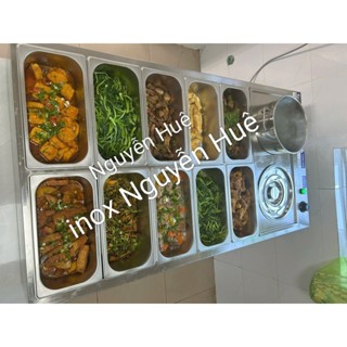 tủ giữ nóng, hâm nóng thức ăn đặt bàn inox 304 gồm 10 khay 3.5 lít và 2 nồi canh 12 lít