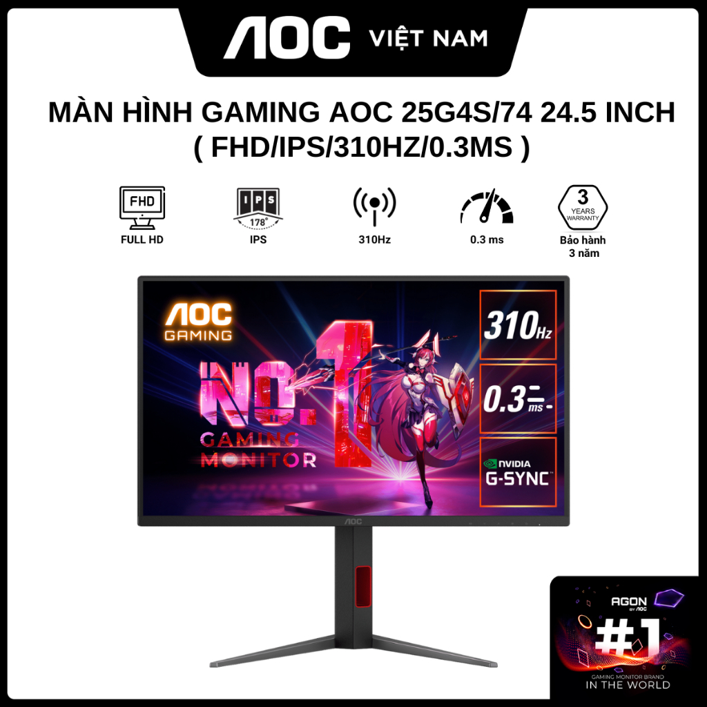 Màn Hình gaming AOC 25G4S/74 24.5 inch (FHD/IPS/310Hz/0.3ms) - Hàng Chính Hãng