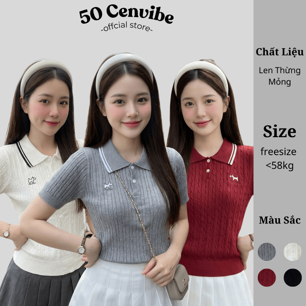 Áo Len Mỏng Cổ Polo Cộc Tay Nữ Thoáng Mát Co Giãn Tốt Form Đẹp Thêu Cún (50 Cenvibe.Clothing) 1-4036