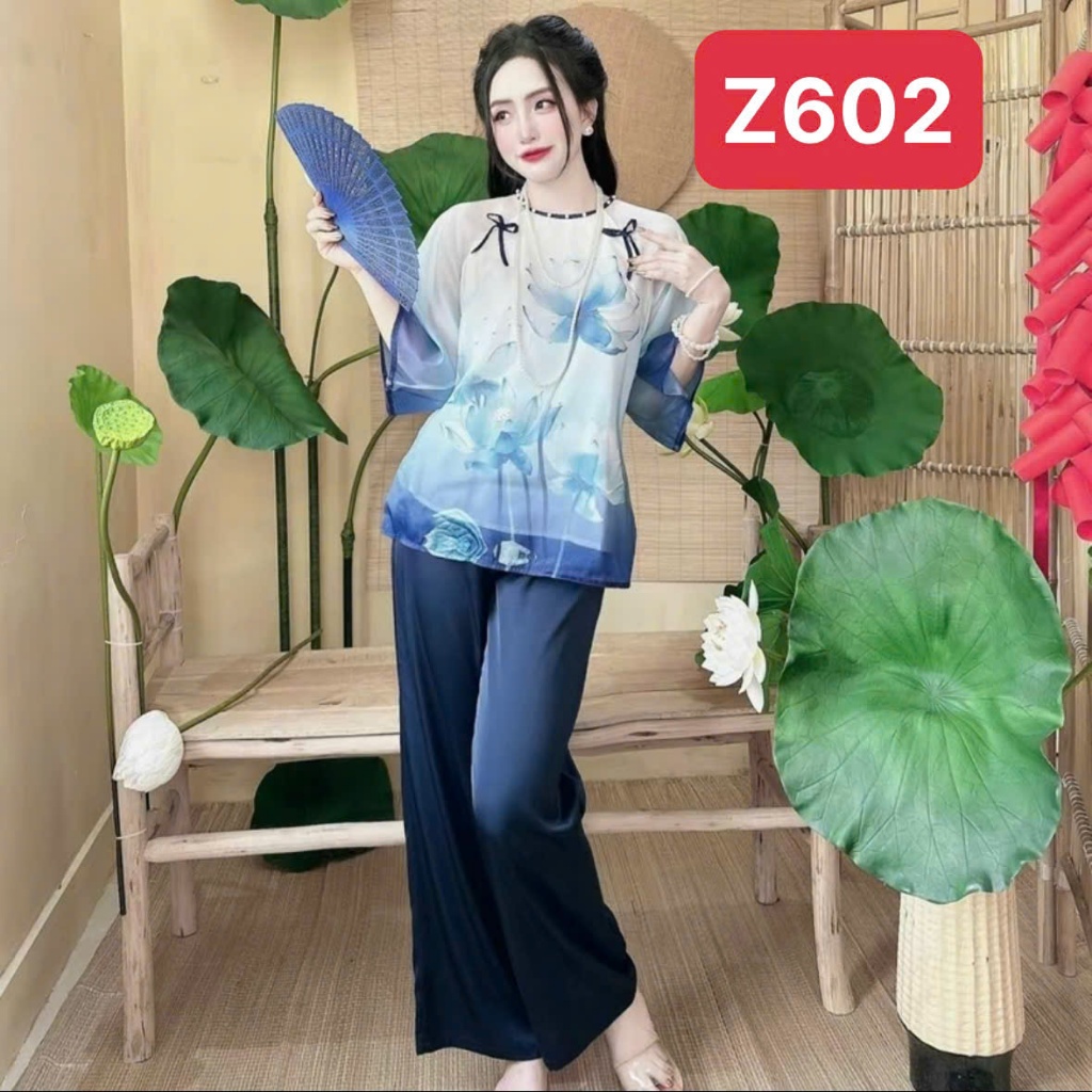 Set đồ lam, đồ đi chùa lễ tết, bộ pháp phục Z6, họa tiết in 3D dành cho nữ, chất liệu voan ánh kim mềm mát Kim Thanh | BigBuy360 - bigbuy360.vn