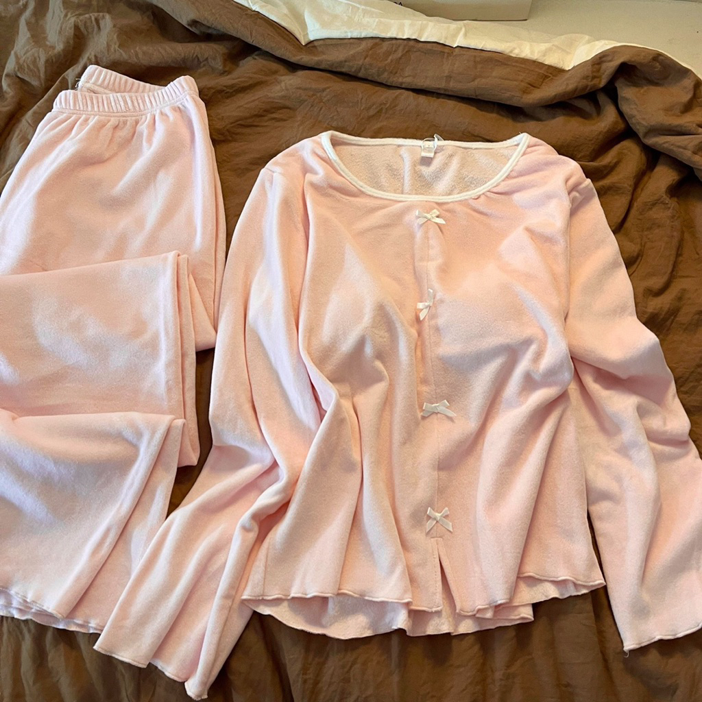 [ ORDER- KHÔNG CÓ SẴN] Bộ Ngủ Cotton Màu Hồng Nơ Mùa Thu Đông Xinh Xắn