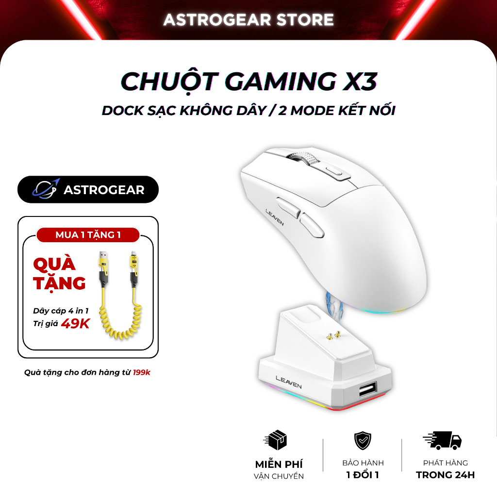 Chuột Gaming Leaven X3 Không Dây Có Dock Sạc, Chip Pro Hiệu Năng Cao, 3 Mức DPI, Thiết Kế Ergonomic