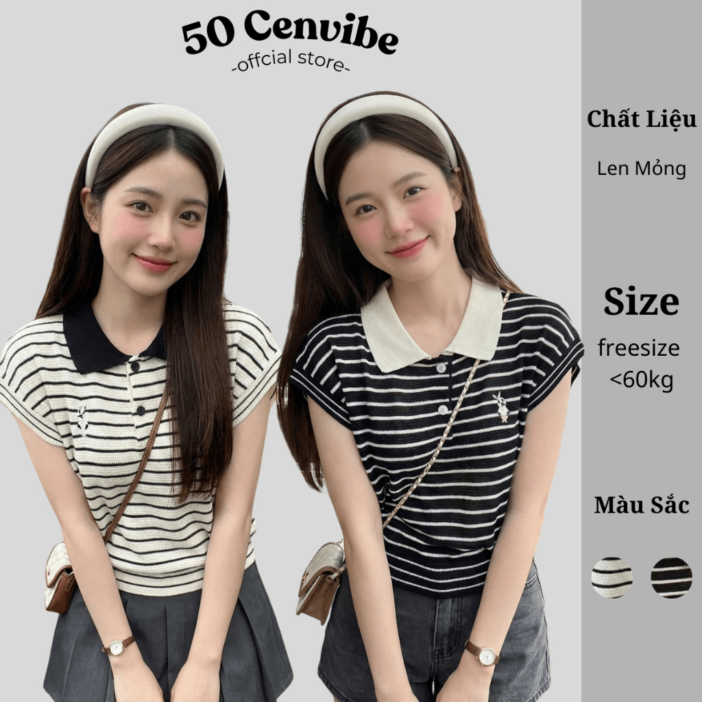 Áo Polo Len Mỏng Kẻ Sọc Nữ, Chất Len Thoáng Khí, Mềm Mịn, Logo Thỏ Xinh, Phong Cách Korea (50 Cenvib