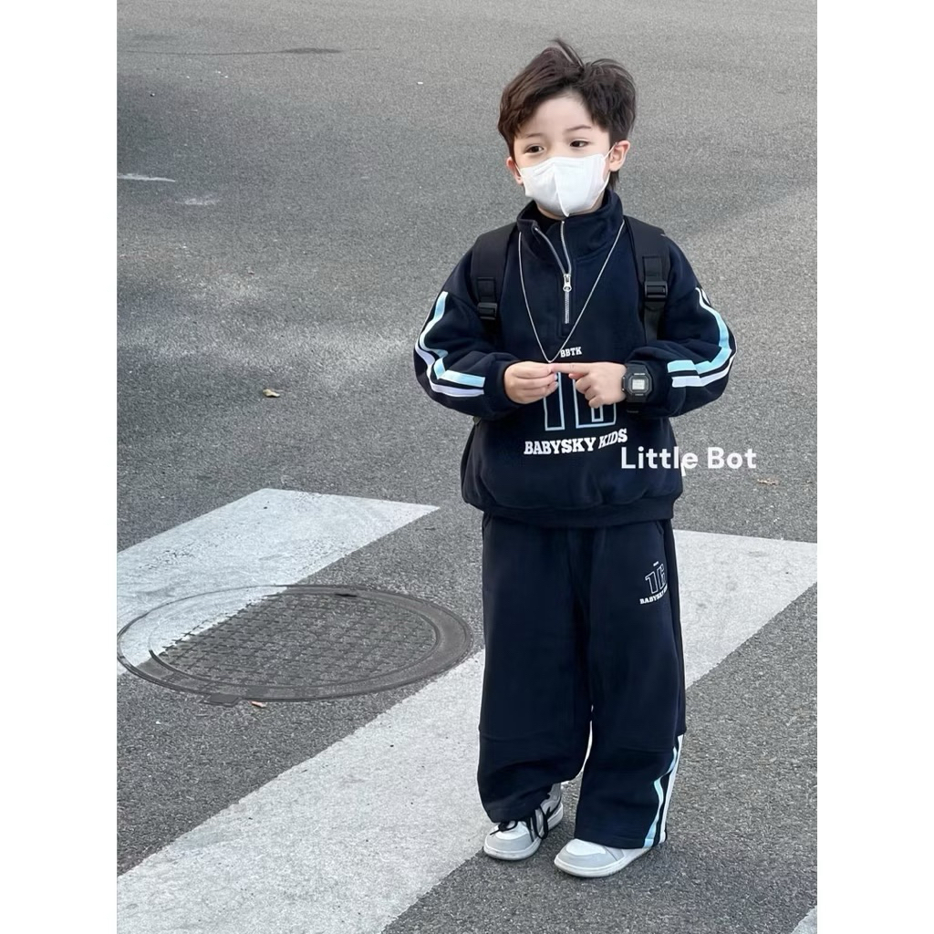 Set bộ nỉ có lót bé trai bé gái phong cách thời trang Hàn Quốc mùa đông 2025 - B1212