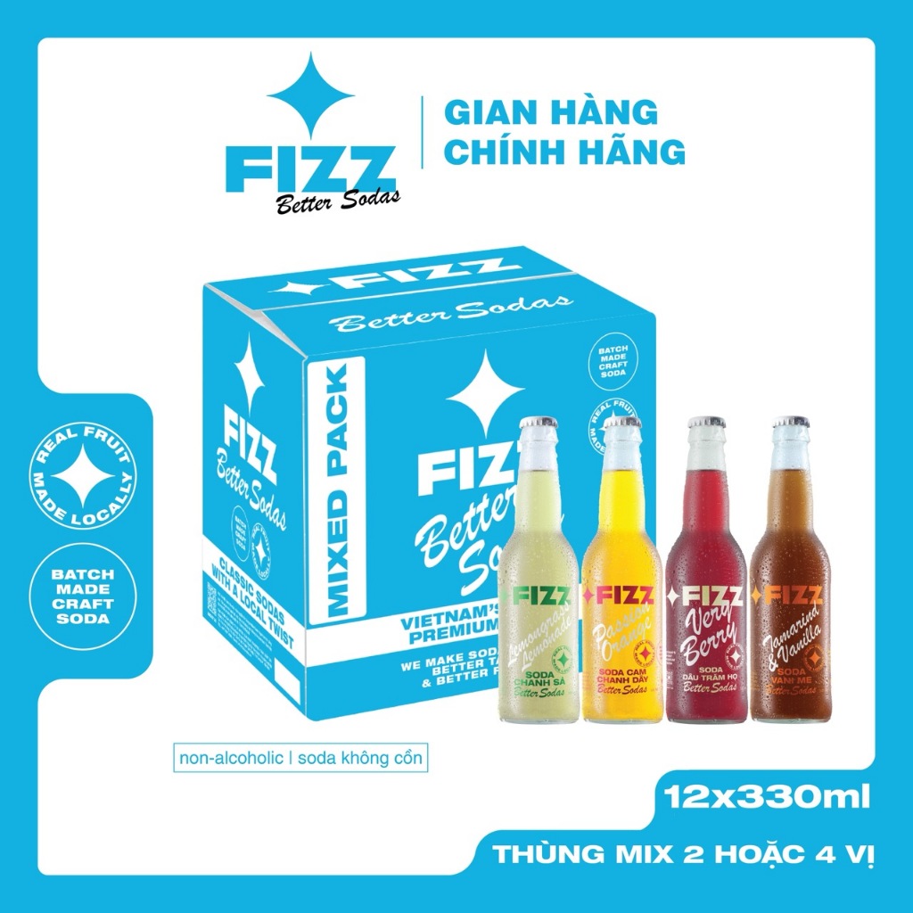Fizz Soda Mix Nhiều Vị - Thùng 12 Chai thuỷ tinh 330ml