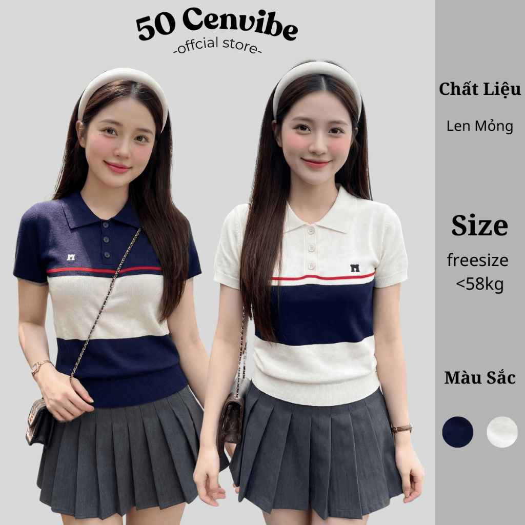 Áo Nữ Cổ Polo Phối Màu Basic, Thêu Logo M, Co Giãn Tốt, Chất Len Mỏng, Mặc Hè Mát (50 Cenvibe.Clothi