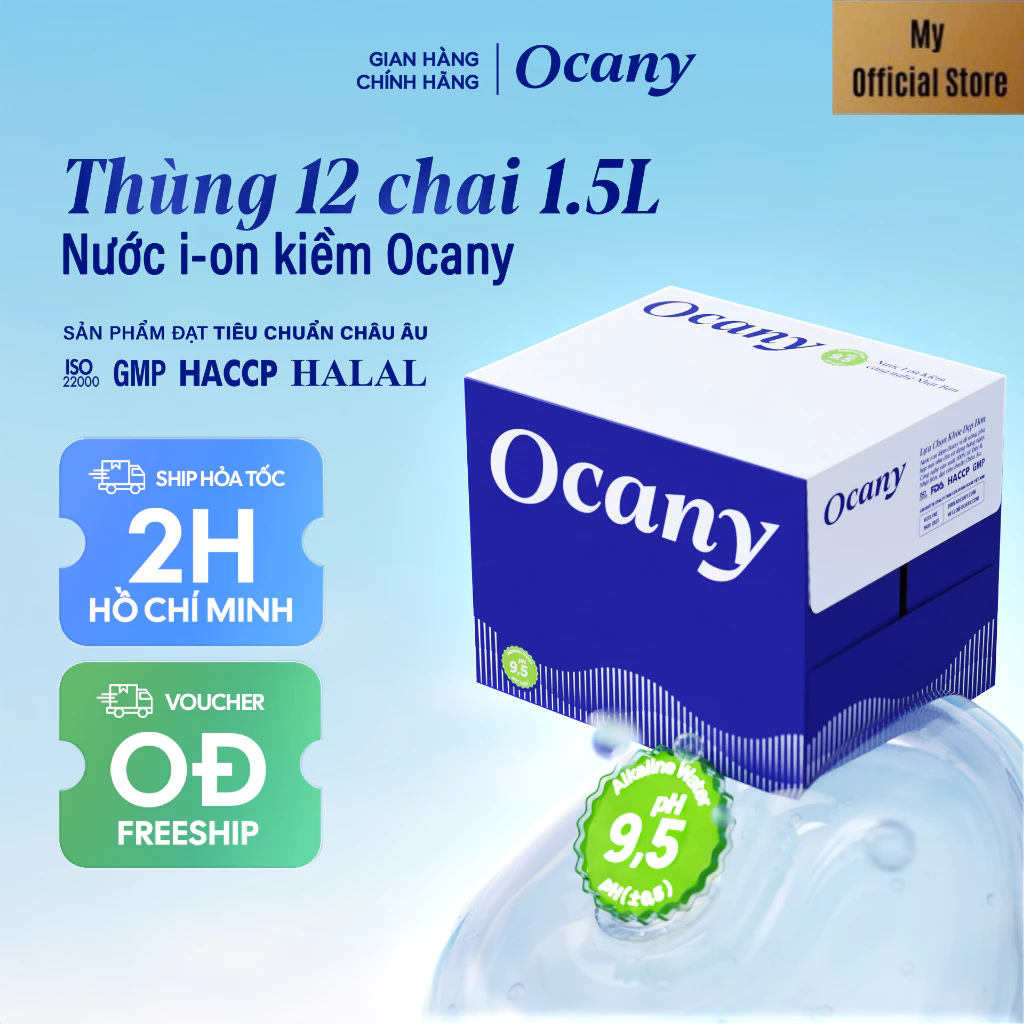 Nước uống ion kiềm Ocany 1,5Lít pH 9.5+ Thùng 12 chai -date mới
