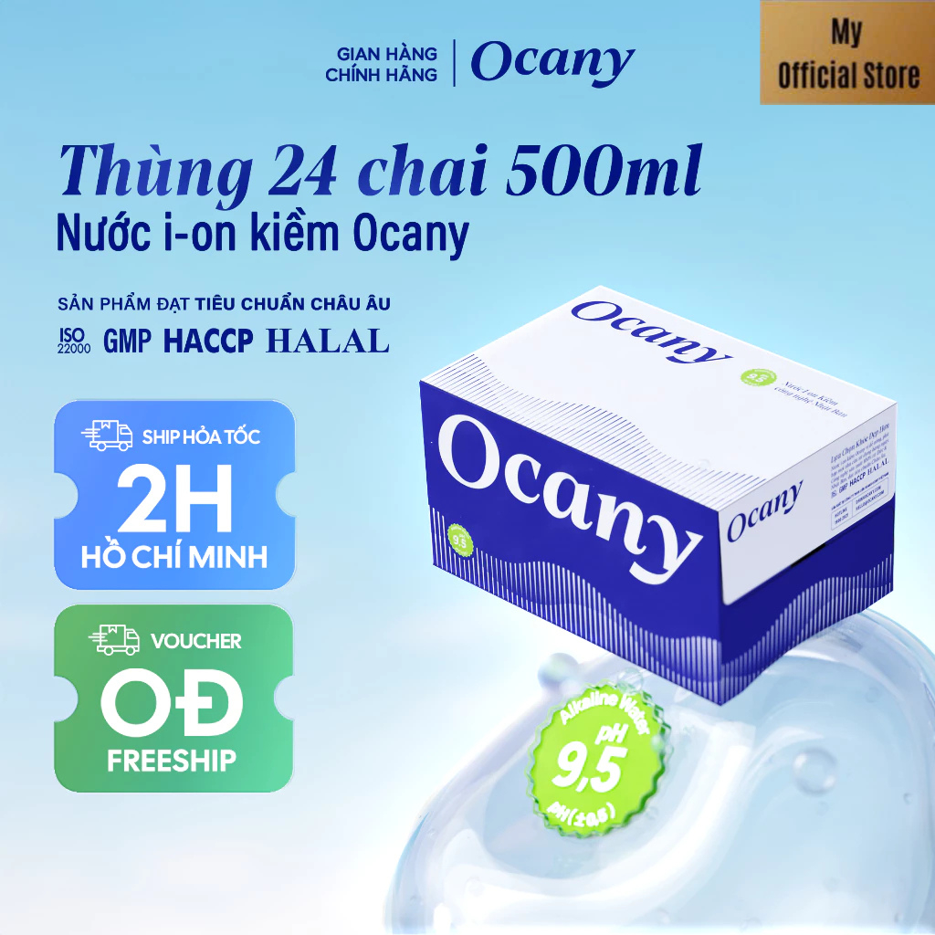 Nước uống ion kiềm Ocany 500ml pH 9.5+ Thùng 24 chai -date mới