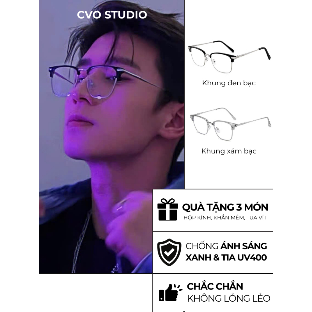 Gọng kính cận thị chống ánh sáng xanh CVO STUDIO kiểu hot Douyin gọng kính nửa khung - K1