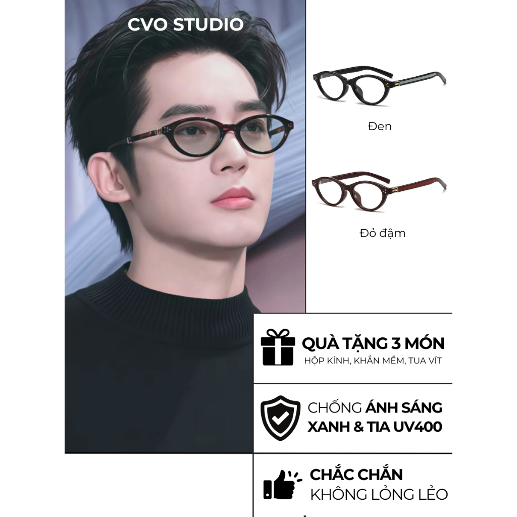 Kính mắt hình bầu dục CVO STUDIO mọt sách gọng kính gương phẳng chống ánh sáng xanh cổ điển - K12