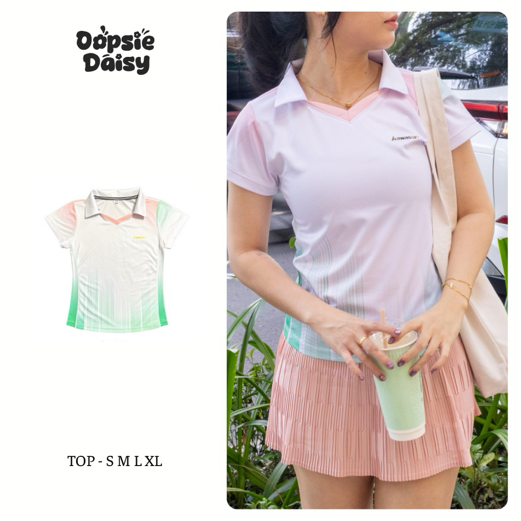 [Form Nữ ôm] Áo polo cầu lông, pickleball, thể thao kawasaki trắng cam sọc xanh lá