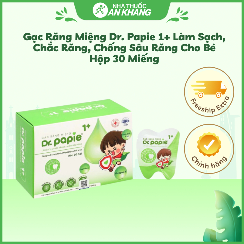 Gạc răng miệng Dr. Papie 1+ làm sạch, chắc răng, chống sâu răng cho bé hộp 30 miếng