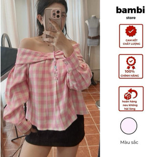 [Bambi] Áo nơ tay phồng kẻ hồng kem