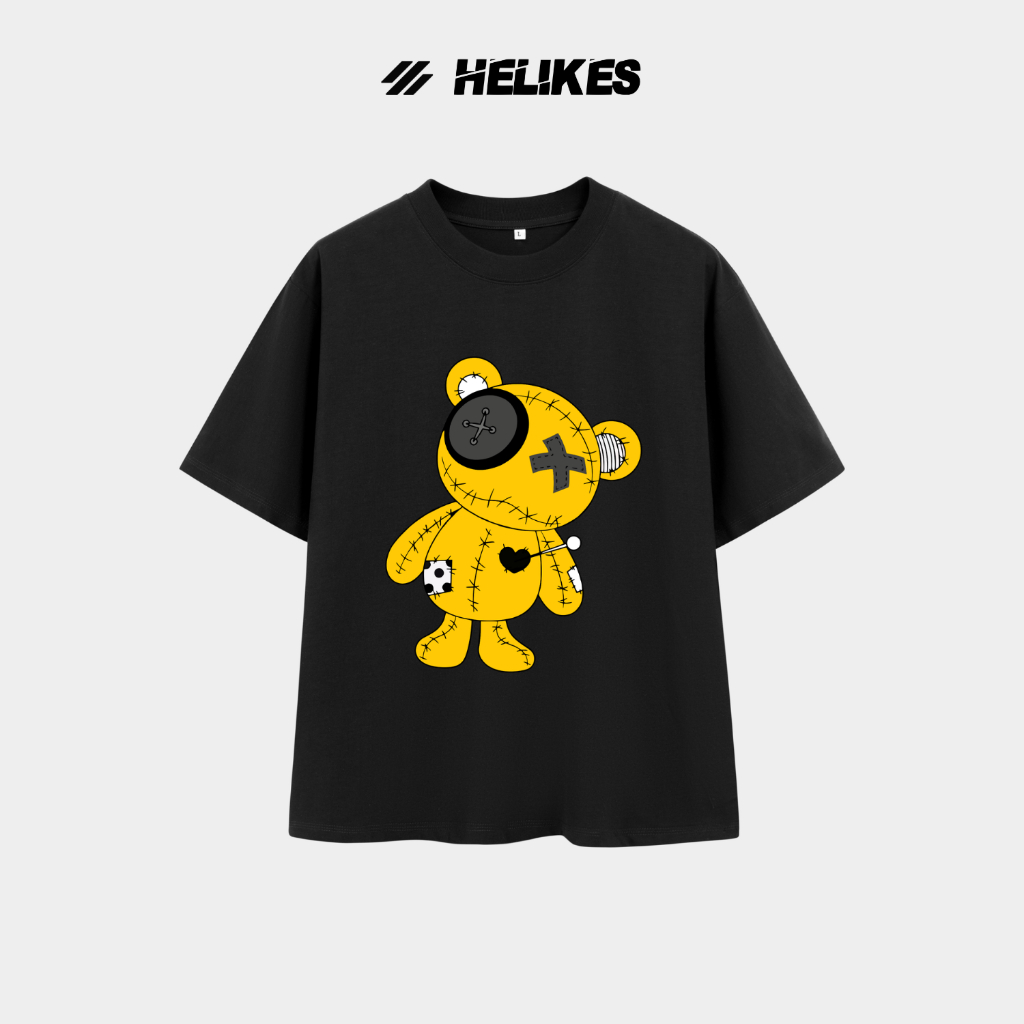 Áo Thun Unisex Oversize Voodoo Bear Gấu Vàng Khâu Vá Streetwear Cotton 270gsm Helikes