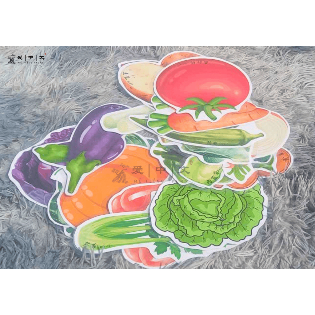 Giáo Cụ Tiếng Trung Chủ Đề RAU CỦ QUẢ – 20 rau củ quả tiếng trung Có Pinyin – Ép Plastic 1 Mặt – Mê 