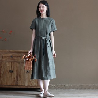 Đầm suông nữ ngắn tay, cổ bèo nhăn kèm dây rút eo, chất liệu Linen mềm, thiết kế trẻ trung