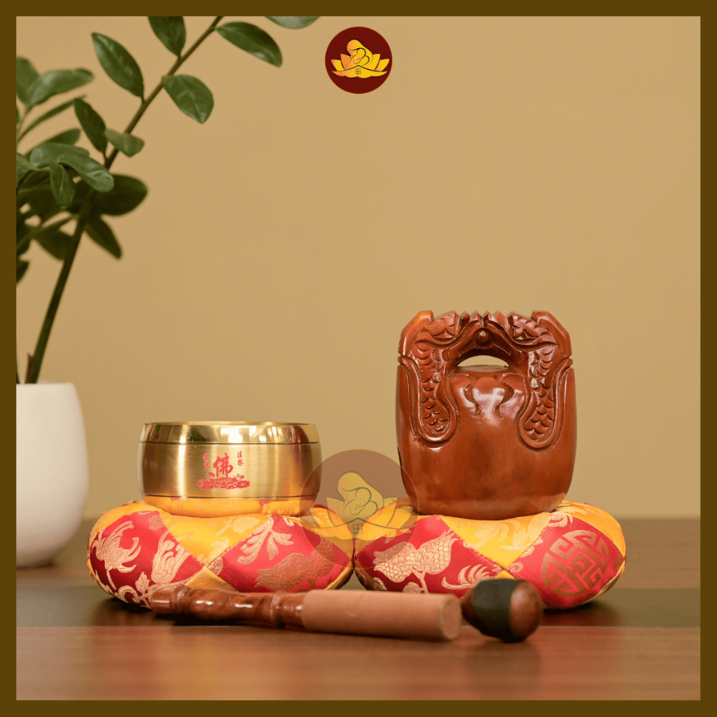 Bộ chuông mõ Đài Loan Viền Vàng và mõ gỗ Mít, Chuông mõ tụng kinh, Chuông mõ Mekeconnghe size nhỏ