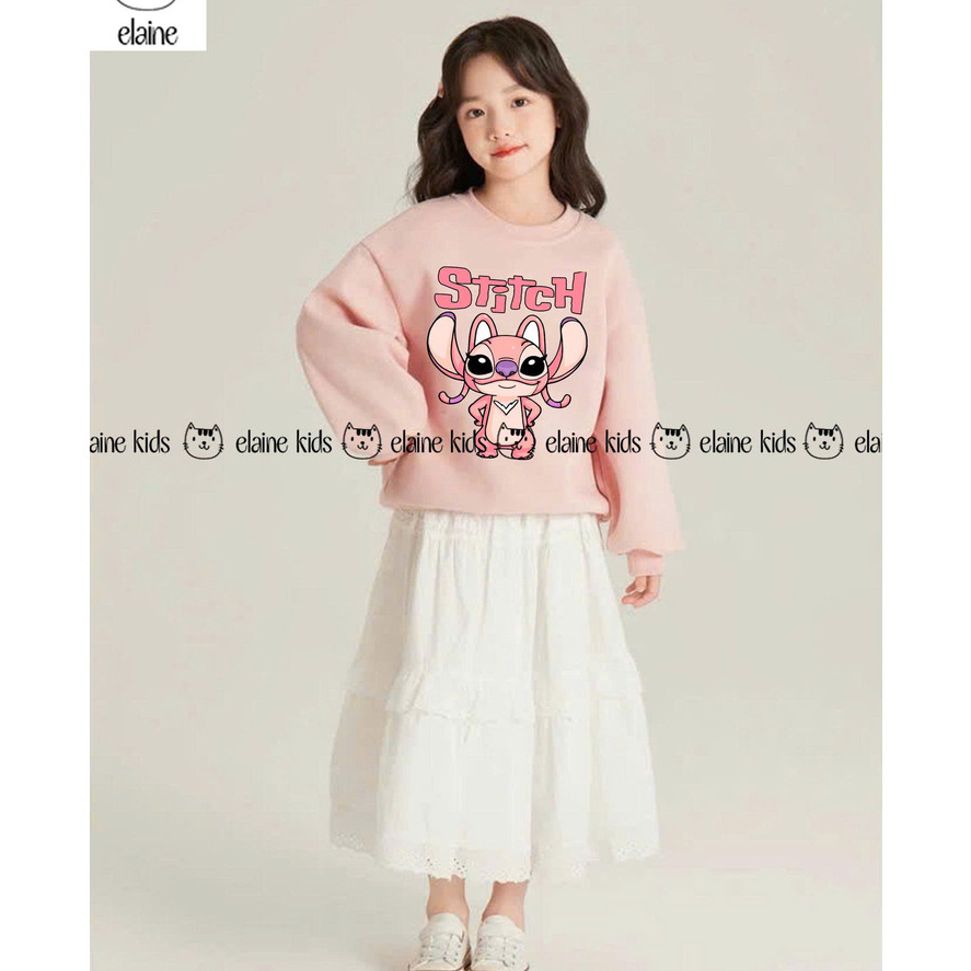 Set áo Stitch váy trắng maxi Elaine Kids cho bé gái 11-45kg Váy Stitch hồng thu đông