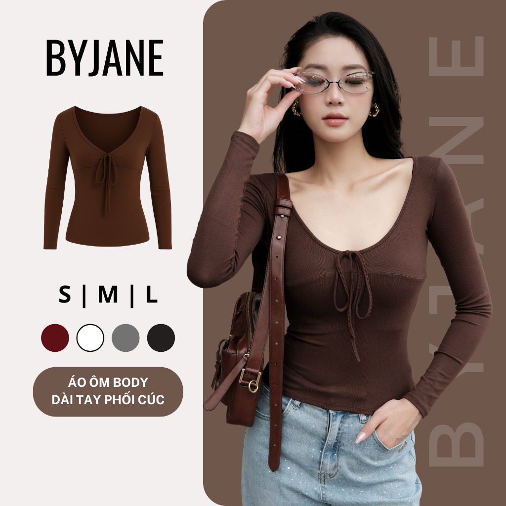 (XẢ KHO) Áo Thun Nữ Cổ V Thắt Nơ Dài Tay Ôm Body Chất Cotton Lông Mịn Co Dãn BYJANE-862 | BigBuy360 - bigbuy360.vn