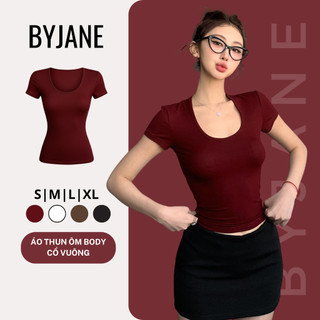  Áo Thun Nữ Cổ Vuông Ôm Body Tay Ngắn Cotton Co Giãn 4 Chiều Mềm Mịn Tôn Dáng Basic BYJANE – 242 