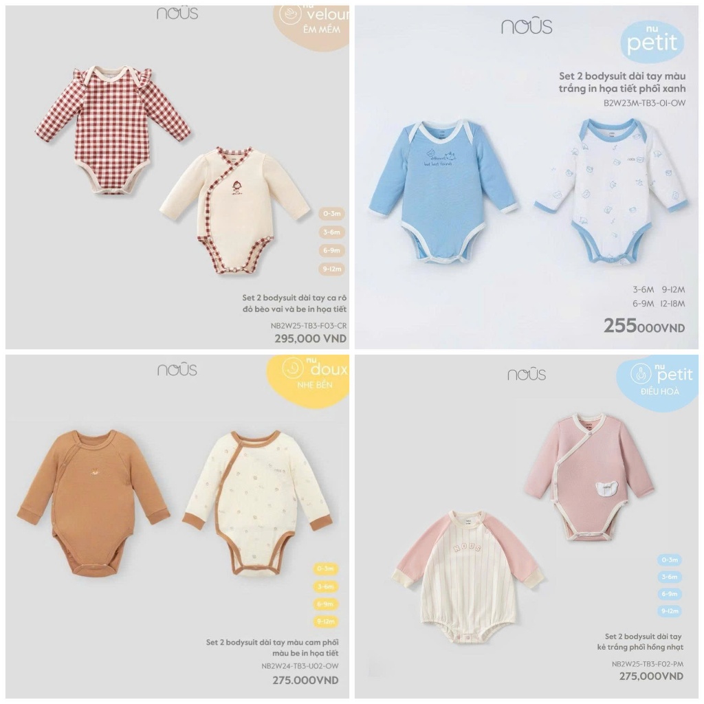 NOUS - Set 2 bodysuit dài tay cho bé trai bé gái