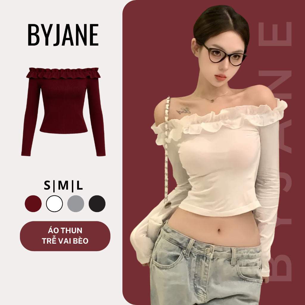 ( MỞ BÁN ) Áo Thun Trễ Vai Dài Tay Phối Bèo BYJANE-724