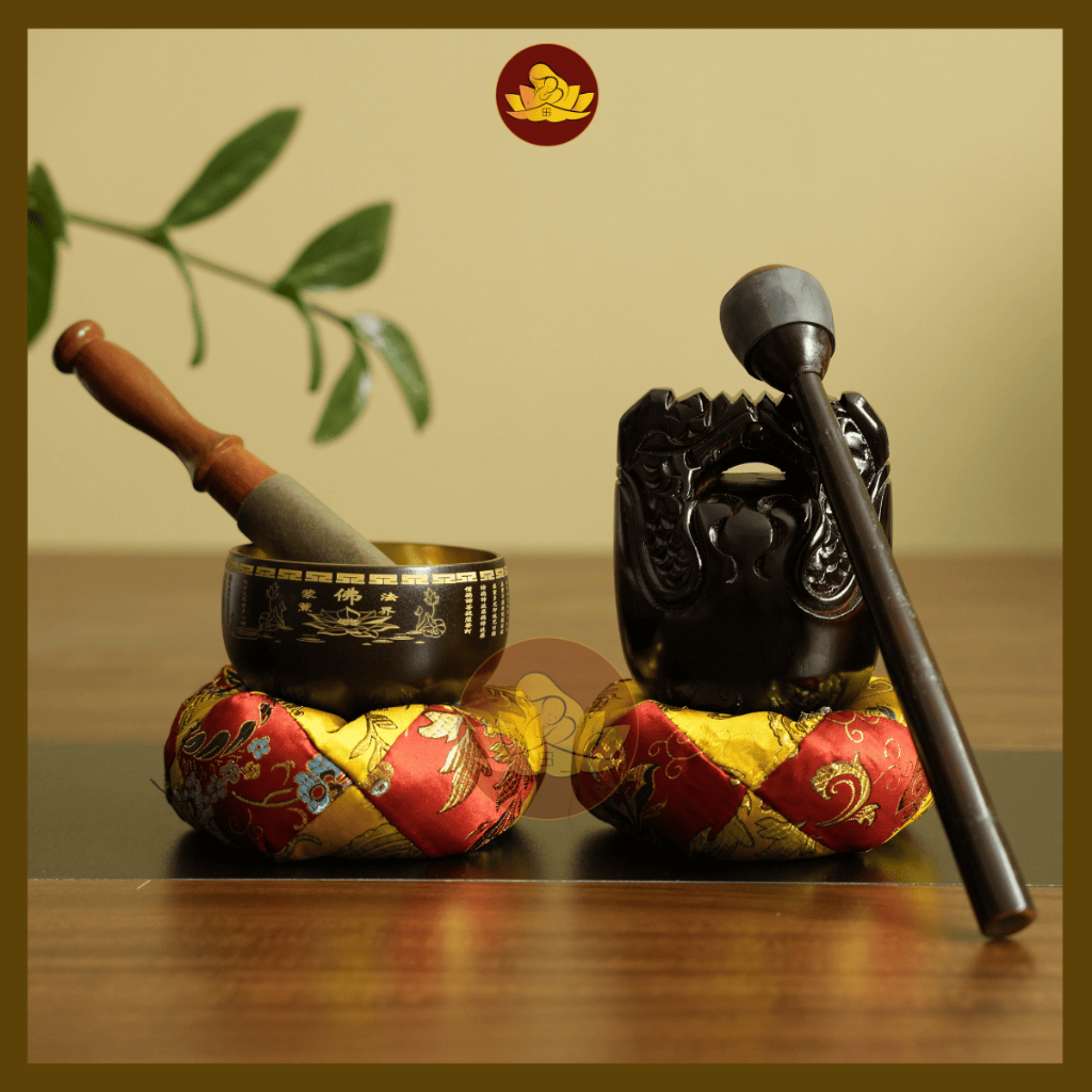 Bộ chuông mõ Đài Loan Bát Nhã Tâm Kinh nâu và mõ gỗ Mít, Chuông mõ tụng kinh, Chuông mõ Mekeconnghe