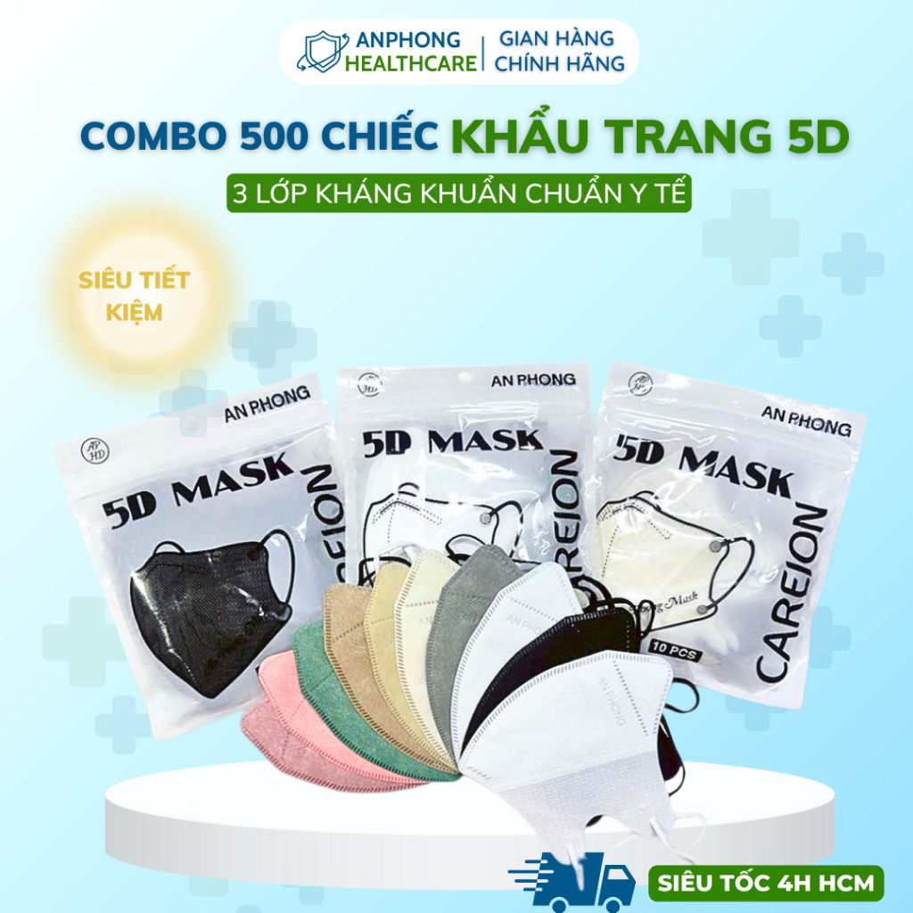 [Sỉ 500 Chiếc] Khẩu trang 5D An Phong , 5D CAREION Kháng Khuẩn, Dày Dặn, Nhiều Màu Sắc - An Phong Ma