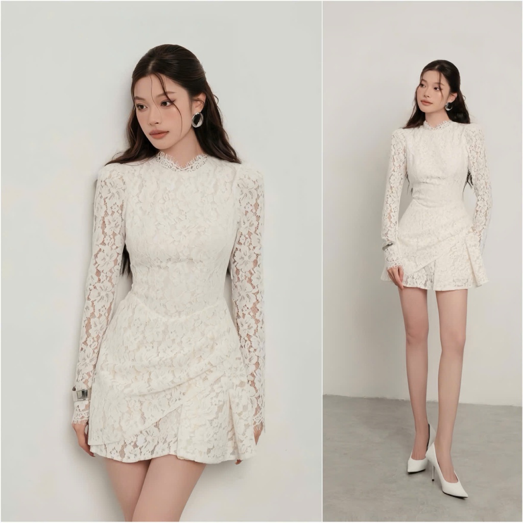 A134 Đầm Ren Tay Dài Dự Tiệc Tà Xéo Xếp Ly Nhún Xinh Xắn Tôn Dáng Vân Akara