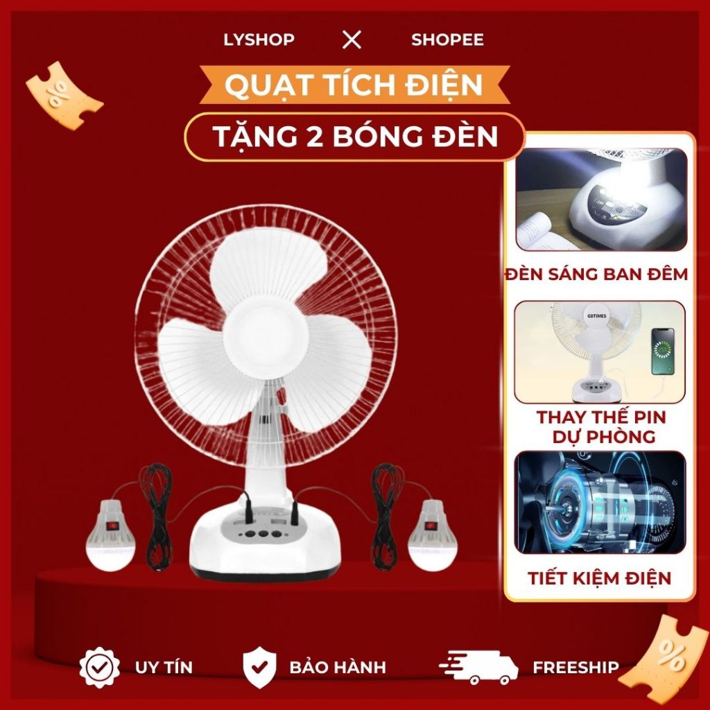 Quạt Năng Lượng Mặt Trời, Quạt Tích Điện Dùng 8-10h Để Bàn Đèn Led Cổng Sạc Siêu Mát Kèm 2 Bóng Đèn