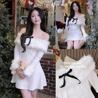   Angela Dress Váy trễ vai len tăm dáng ngắn day tay đính lông xoè nhẹ tiểu thư đi cafe dạo phố tết LalaCrush 