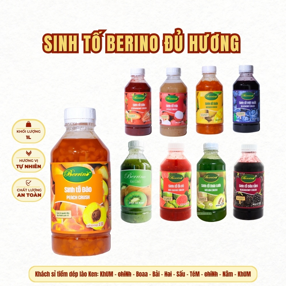 Sinh tố berino đủ vị chai 1L, siro trái cây mứt berino chuyên pha chế đồ uống
