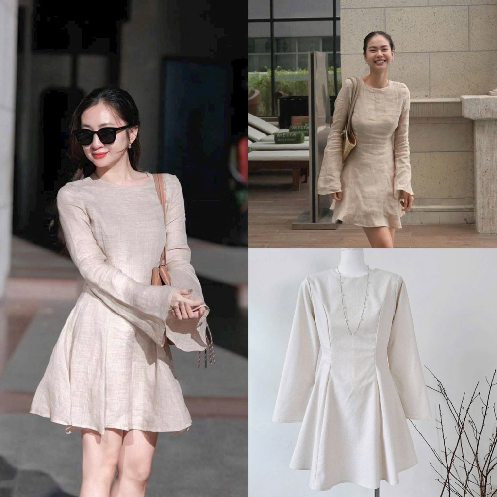 ( Sam’s Clothing ) Đầm linen cổ tròn xếp li eo tay loe dáng ngắn xoè