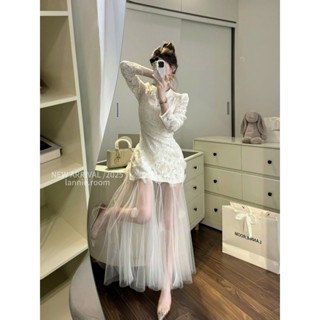  Đầm váy nữ ren trắng kem dài tay dáng maxi 2 lớp Đầm dài tay nữ thiết kế basic CHOUCHOU TỰ MAY LẠI lyn 