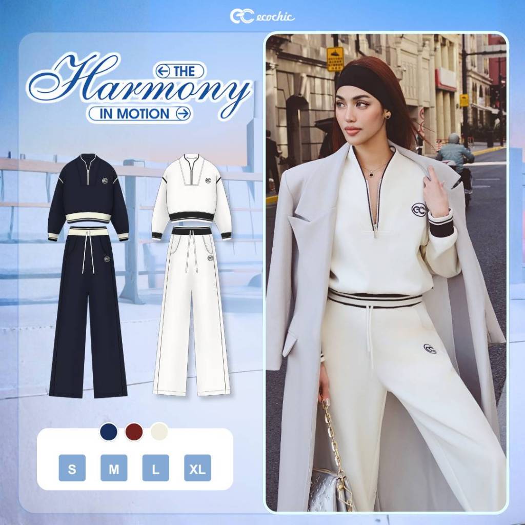 Set Bộ ECOCHIC Áo Crop Nỉ Mịn Cổ Khoá Zip Quần Ống Suông Cao Cấp Mềm Mịn Chính Hãng HNH B205