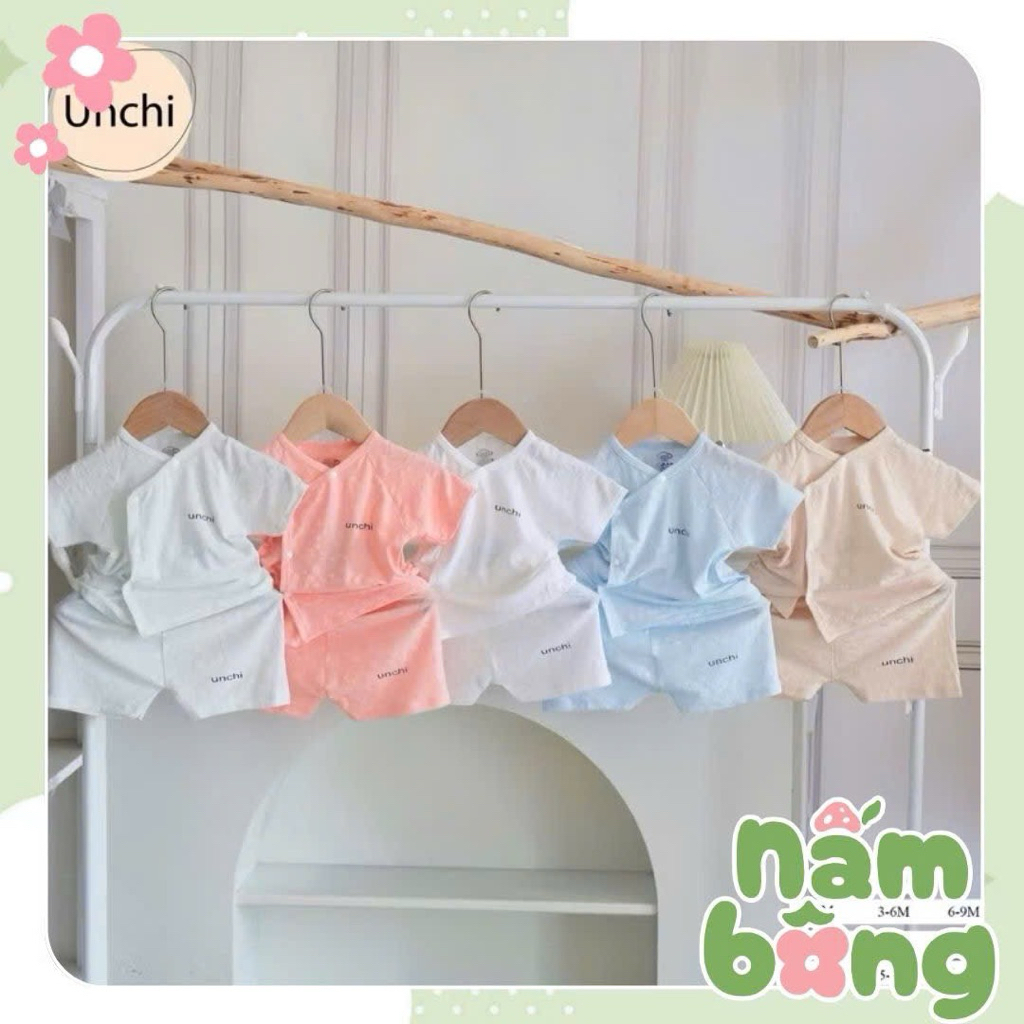 Bộ quần áo sơ sinh cộc tay Unchi vải petit bamboo vân nổi mềm mát cho bé sơ sinh 3-9kg [01.UCC]