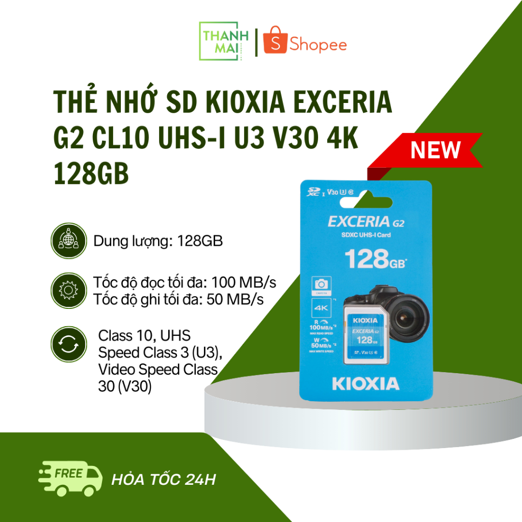 Thẻ nhớ SD Kioxia Exceria G2 CL10 UHS-I U3 V30 4K 128GB | LNEX2L128GG4