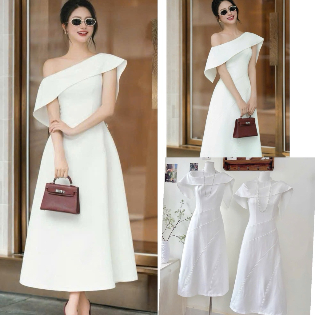 ( Sam’s Clothing ) Đầm midi trắng  lệch vai viền bèo dáng xoè thanh lịch