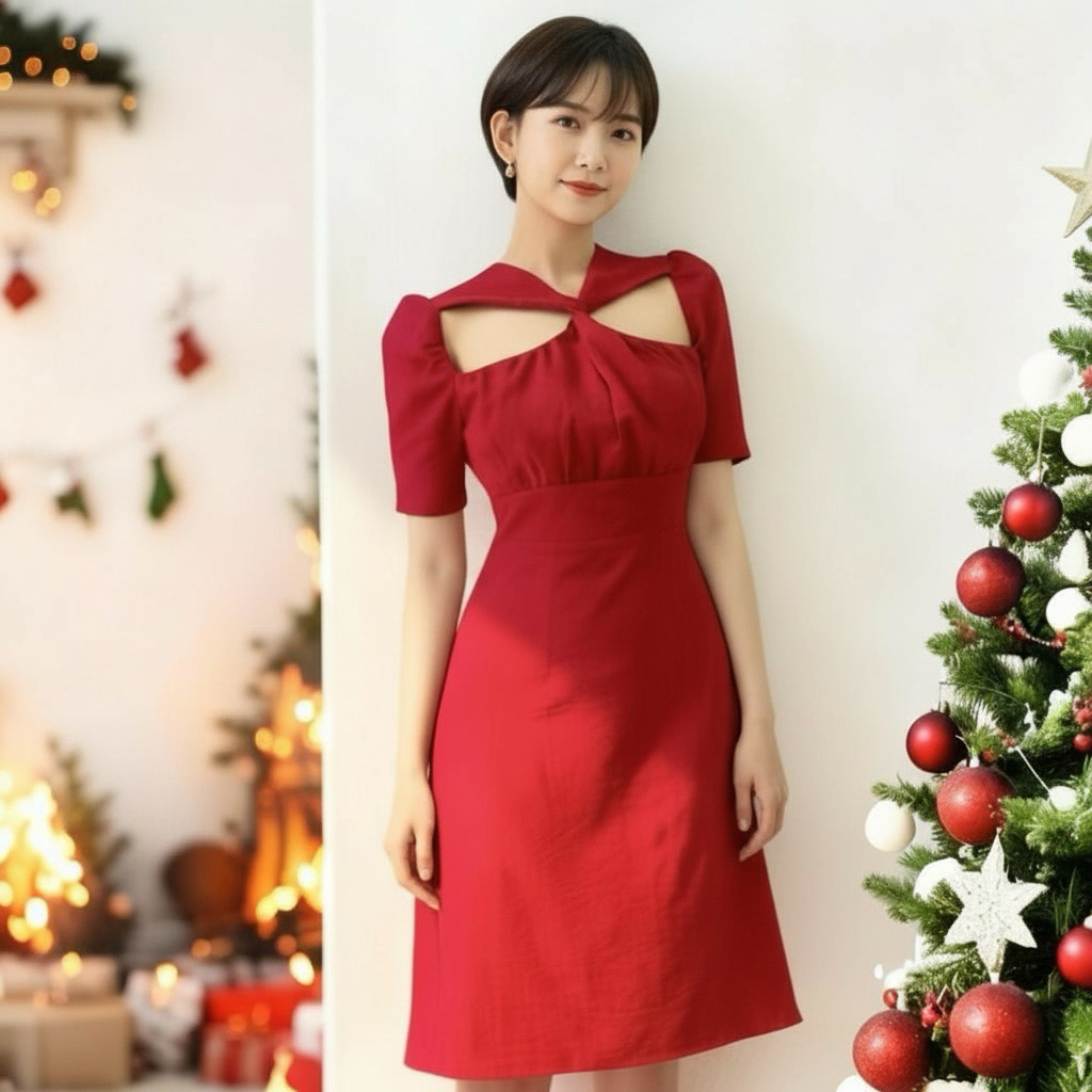 Đầm noel đỏ xoắn cách điệu, váy tết, váy dự tiệc (kèm hình thật)