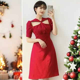 Đầm noel đỏ xoắn cách điệu, váy tết, váy dự tiệc (kèm hình thật)