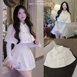   Elora Set  Set áo choàng phối chân váy xếp ly dáng xoè dạ trơn màu trắng kem khuy vàng sang trọng tiểu thư lalacrush 