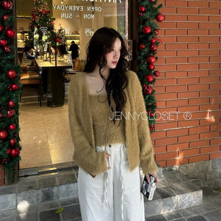  Set áo 2 chi tiết : Áo khoác cardigan nữ + Áo 2dây  chất liệu len lông thỏ -3màu: trắng  đen ,nâu rêu  hàng QCCC  