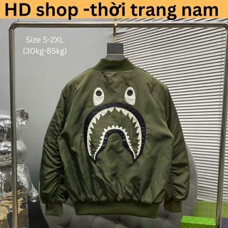  Áo khoác bomber gió 3 lớp trần bông nam nữ thêu da hình miệng cá mập buồn sau lưng tay rút trần bông boy phố Menswear 