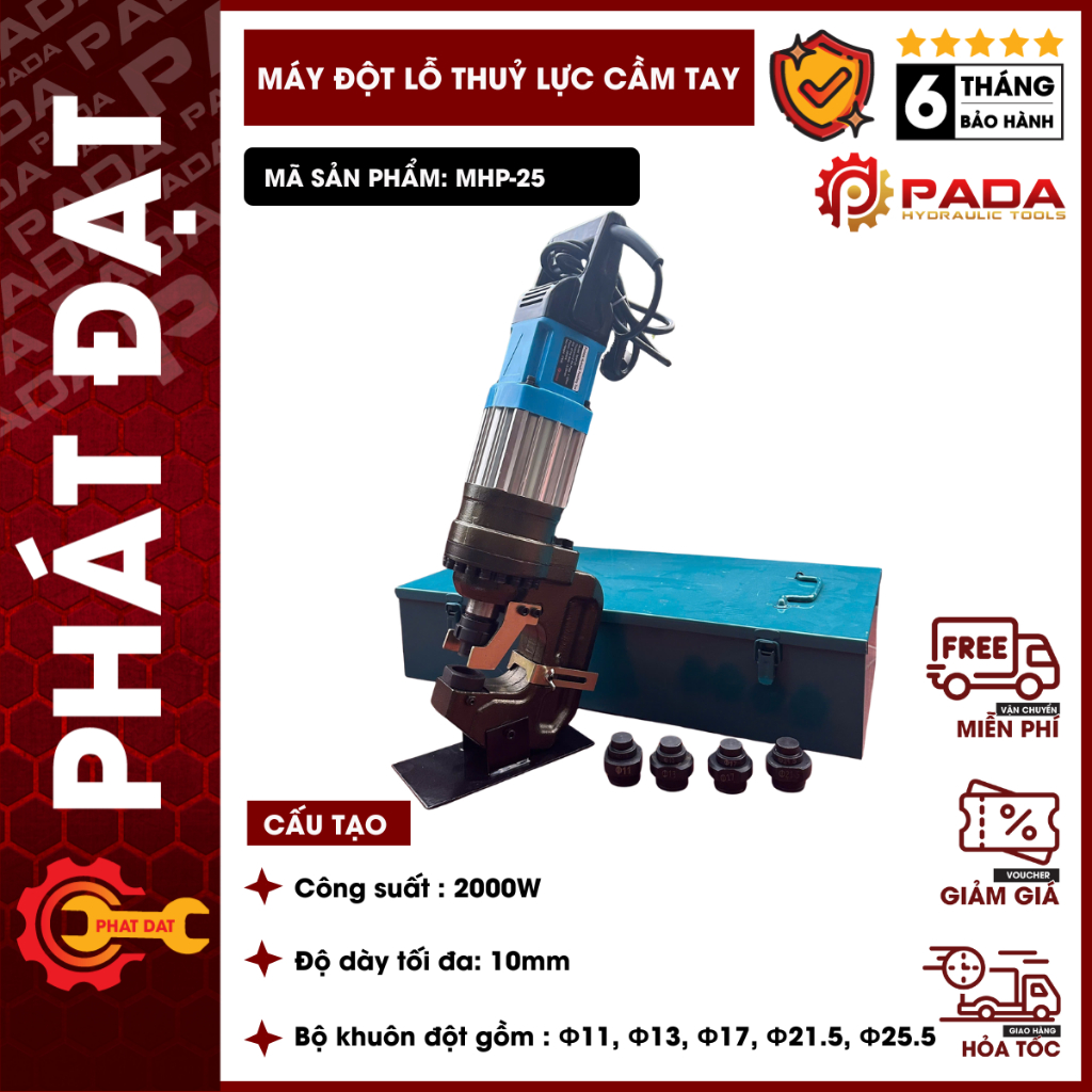 Máy Đột Lỗ Thủy Lực Cầm Tay MHP25 Dùng Điện- Đột dày 10mm- Bảo hành 6 tháng- Chính hãng PADA