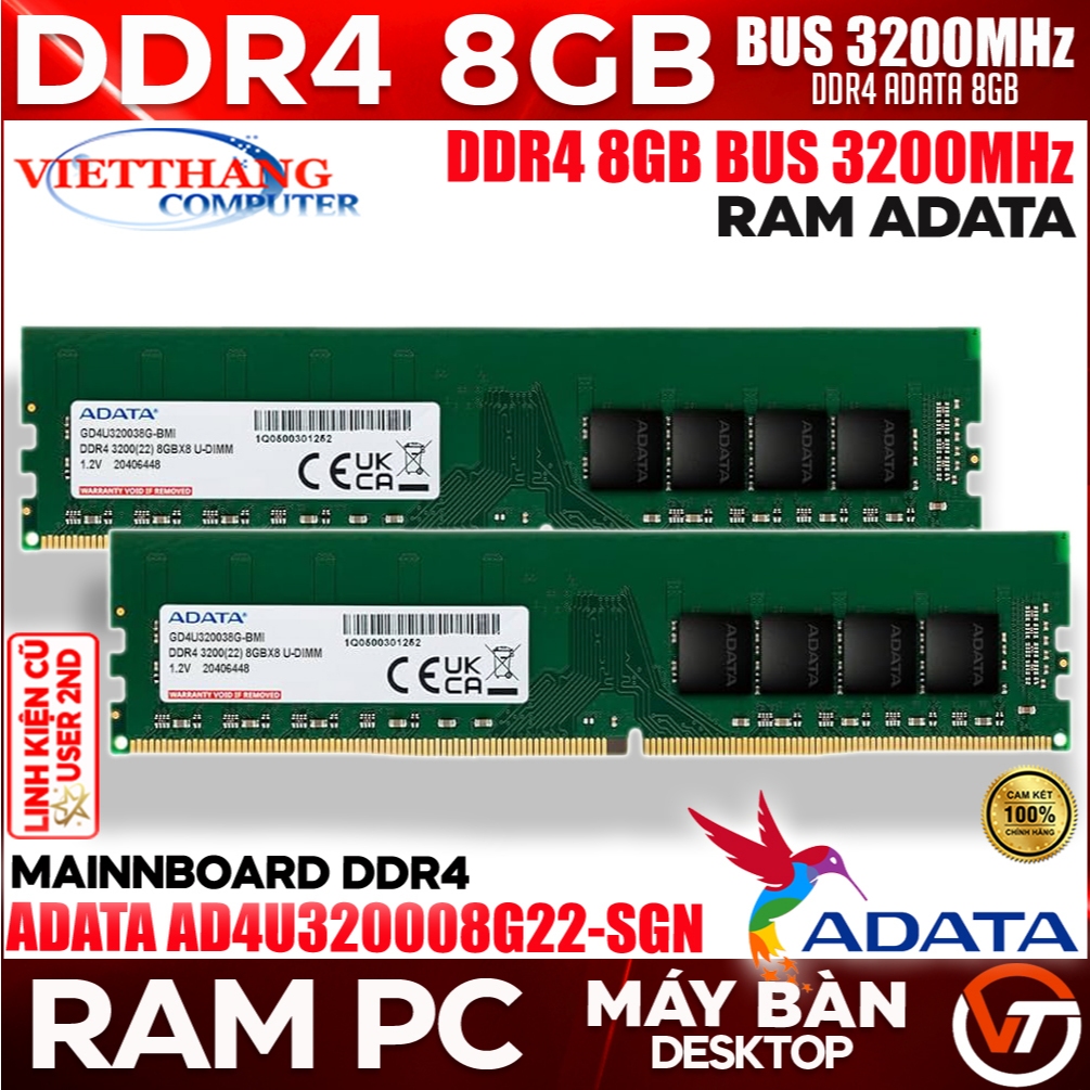 Ram Máy Tính Adata DDR4 8GB Bus 3200Mhz Chính hãng Ram cũ đã qua sử dụng ( Cũ - 2nd )